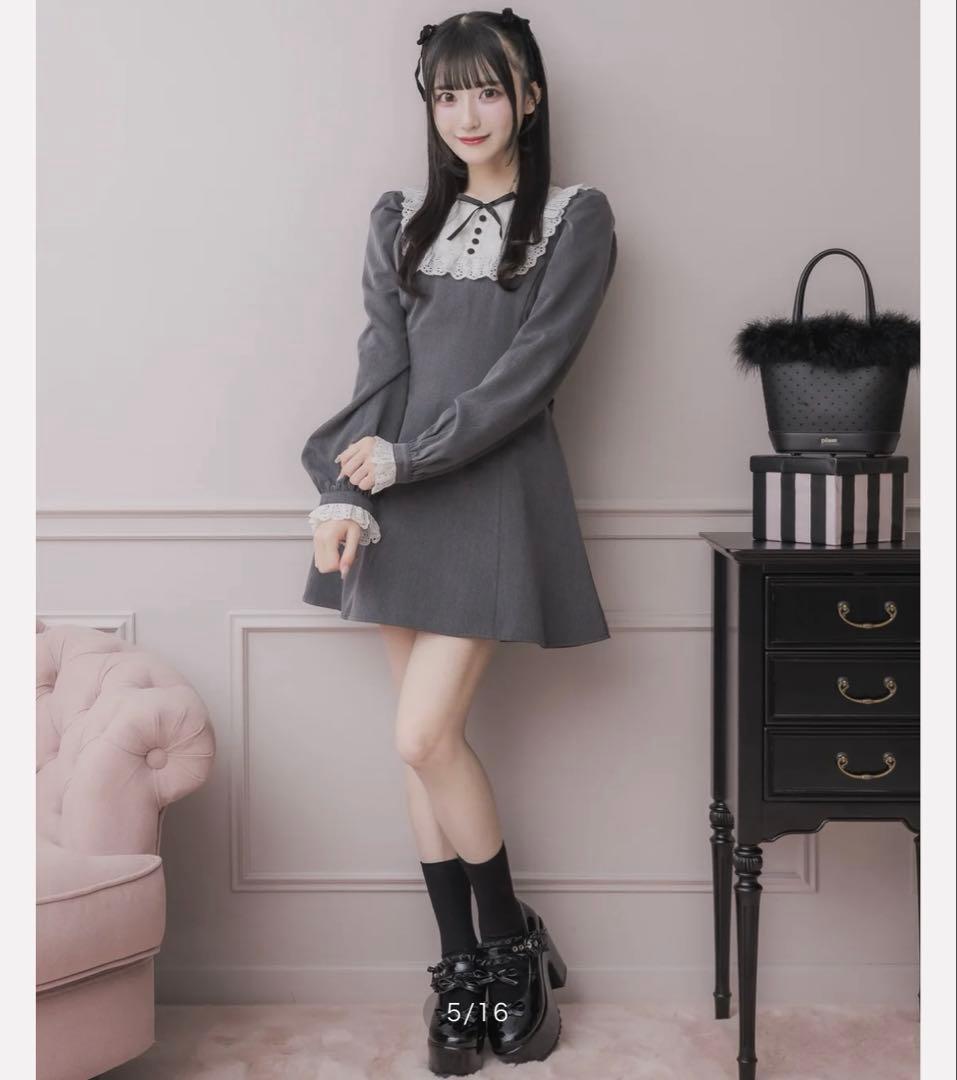 【新品】コットンレース長袖カフェワンピース　 チャコール　pium