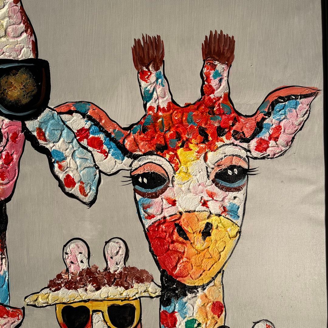 手書き油絵 キリンファミリー 額付 絵画 インテリア 油彩画