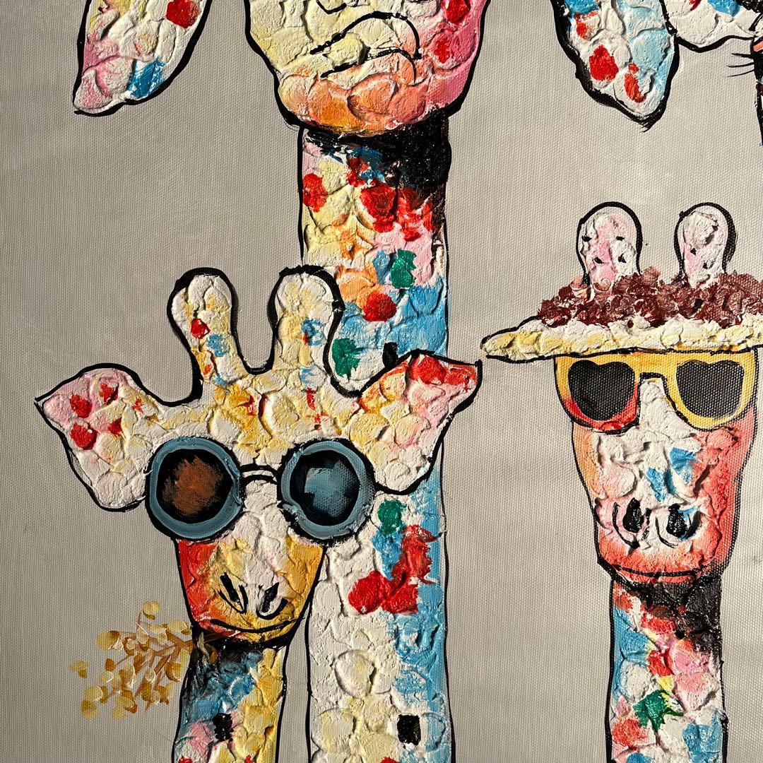 手書き油絵 キリンファミリー 額付 絵画 インテリア 油彩画