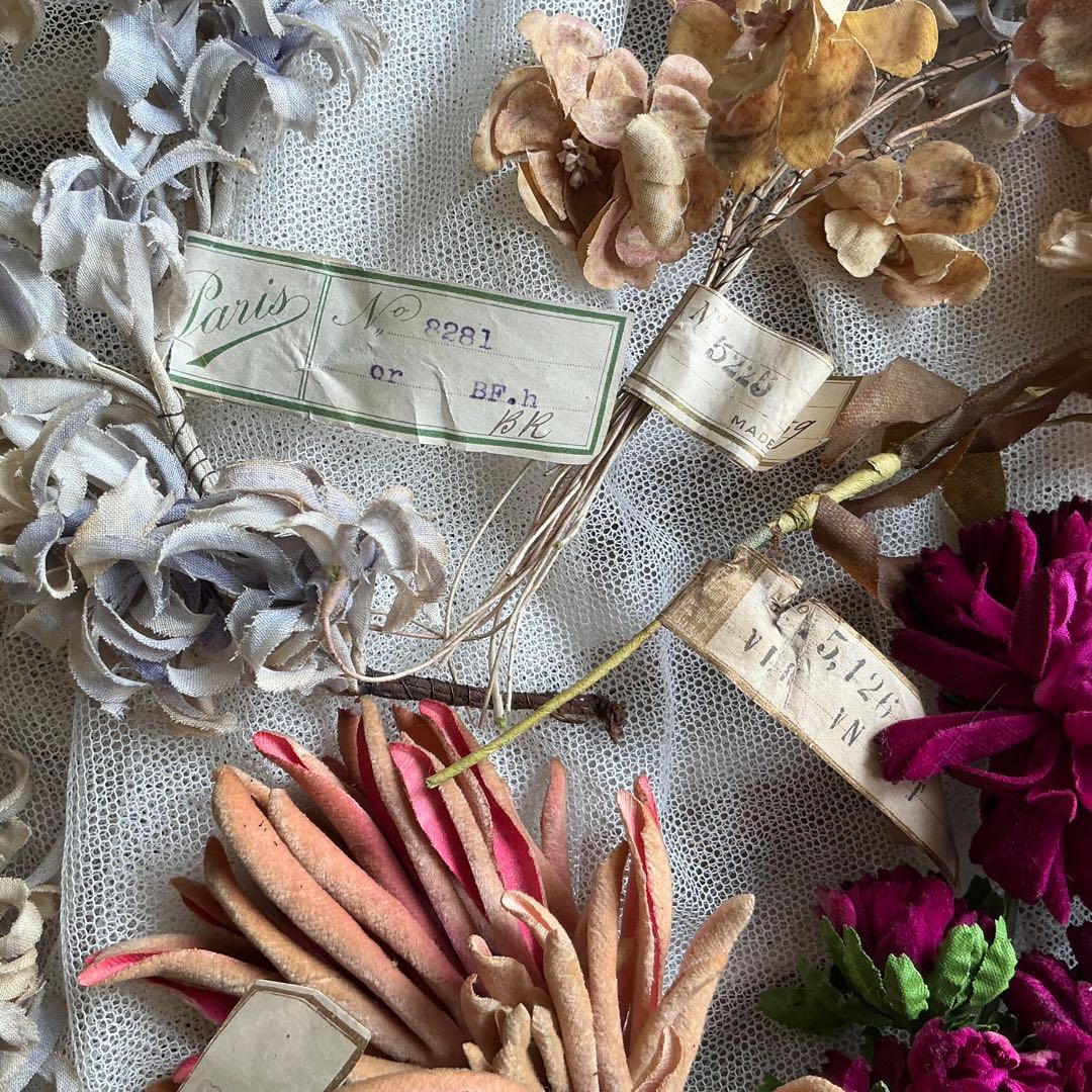 専用　フランスアンティーク　帽子飾り　枯れた布花　紙ラベル付　ブーケ　ブロカント