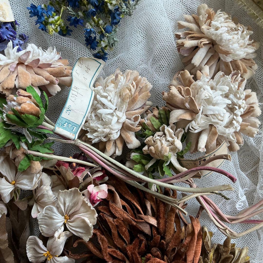 専用　フランスアンティーク　帽子飾り　枯れた布花　紙ラベル付　ブーケ　ブロカント