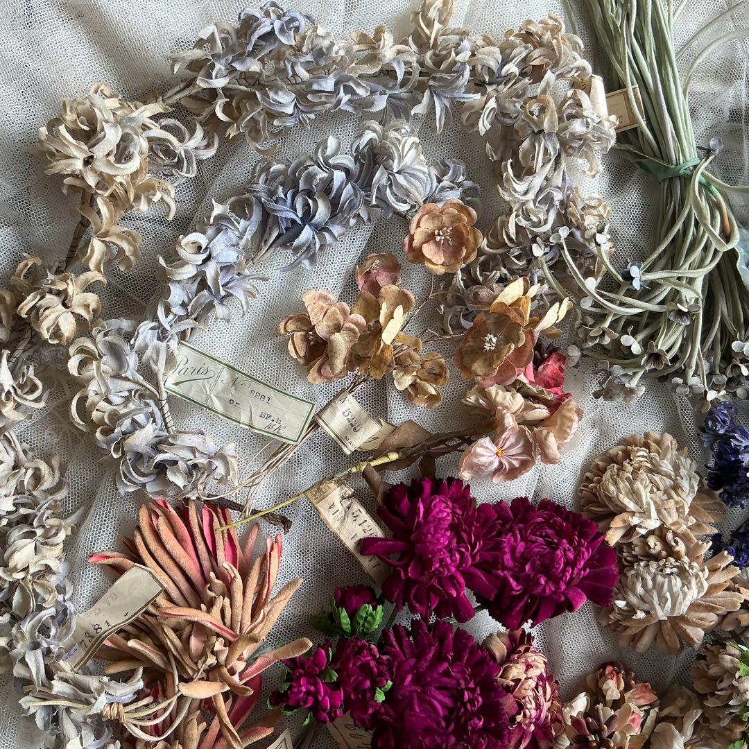 専用　フランスアンティーク　帽子飾り　枯れた布花　紙ラベル付　ブーケ　ブロカント