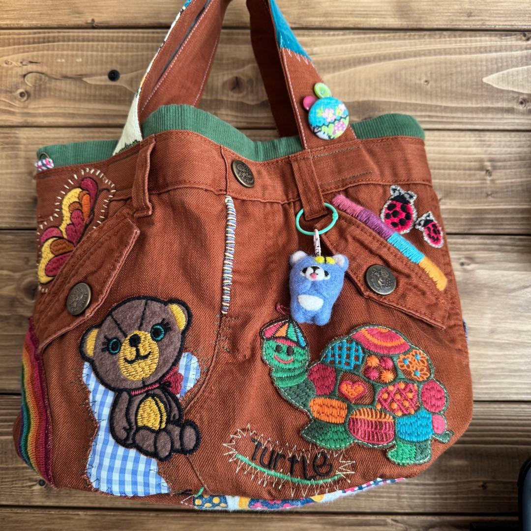 ハンドメイド デニムリメイク バッグ くまさん 楕円底 2way 55