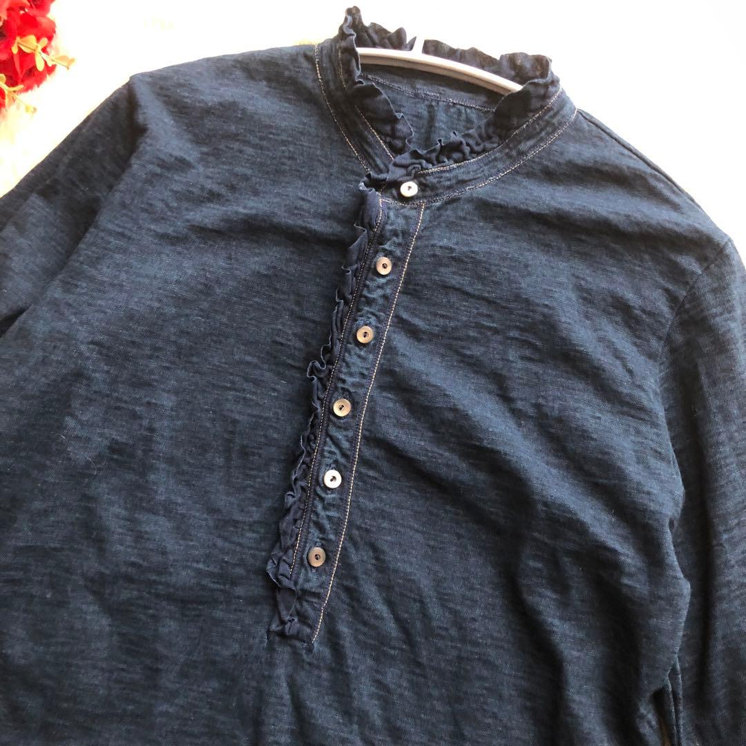 45R♪インディゴフリルカットソーブラウス　45R刺繍