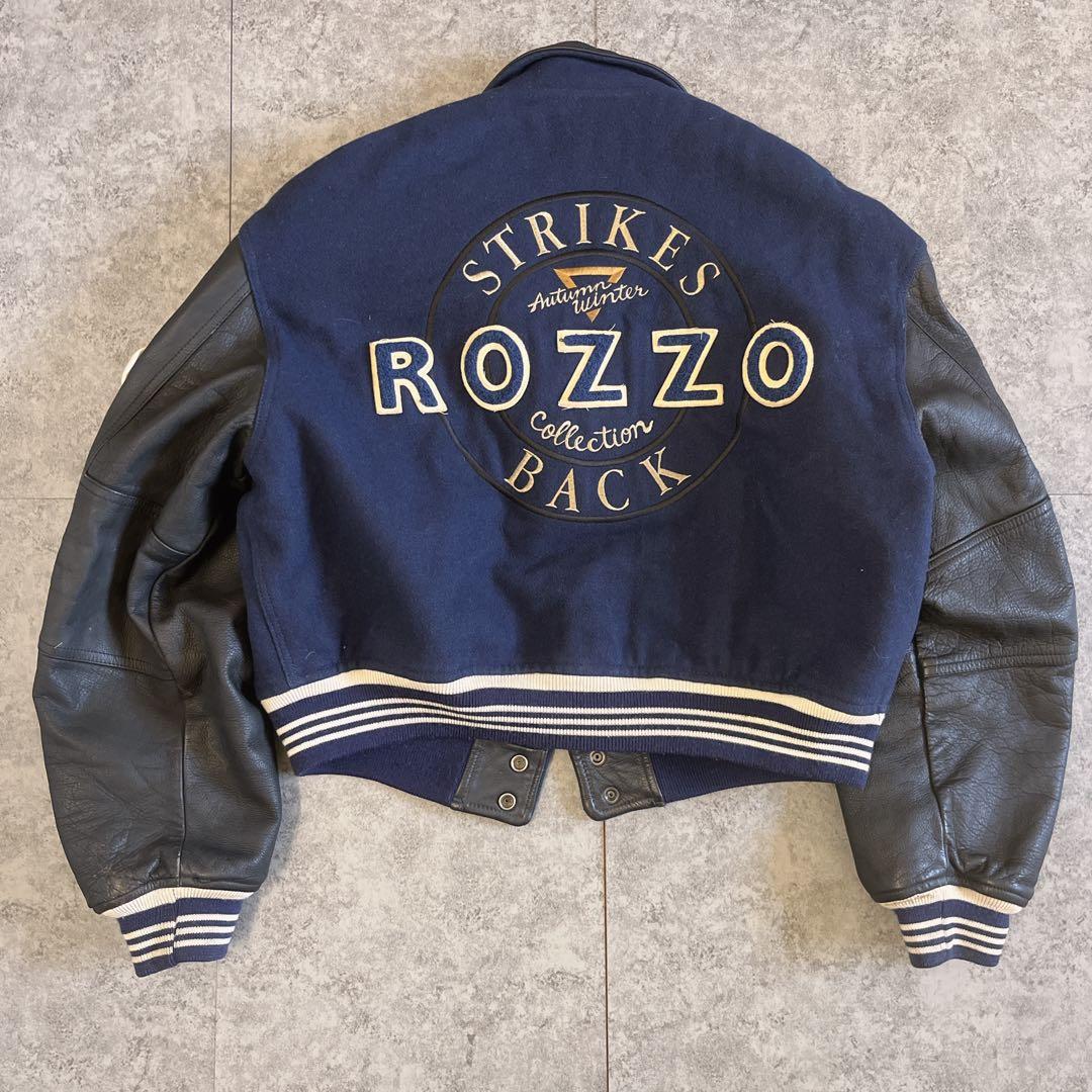 ROZZO スタジャン 短丈 ワッペン レザー　紺×黒 y2k 古着 アメカジ