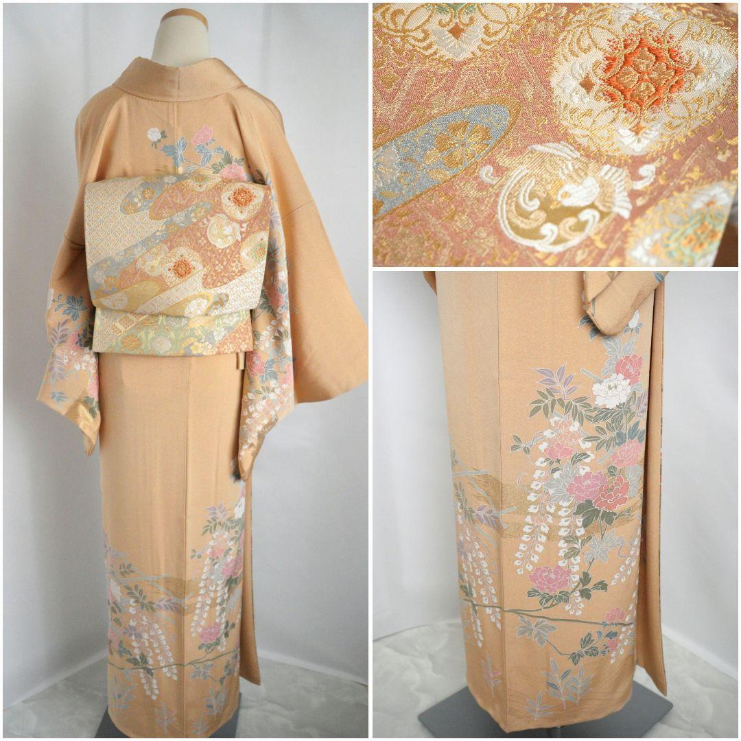 裄丈66.5cm ベージュ訪問着コーディネートフルセット 入学式など 正絹 袷