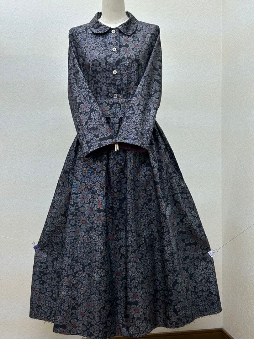 着物リメイク　大島紬ワンピース　前ボタン　 Lサイズ