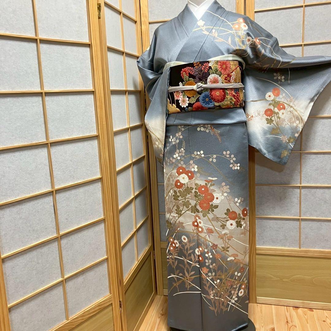 ［5800］訪問着 美品 草花 金彩 三越扱い ぼかし 正絹 着物 袷