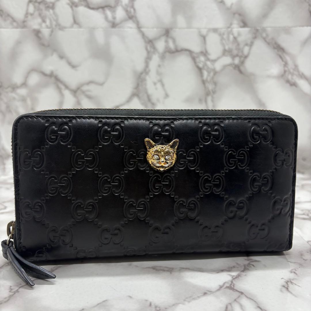 【極美品】 グッチ ラウンドファスナーキャットヘッド ゴールド 金具 ブラック