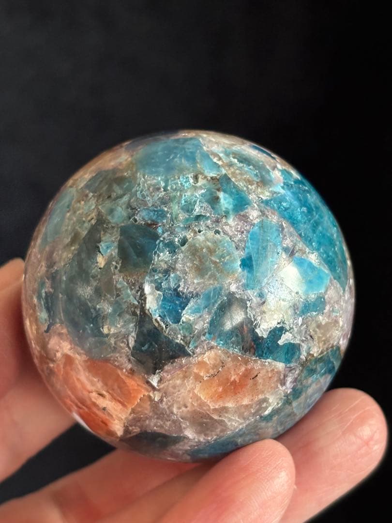 アパタイト&サンストーン&レピドライト&トルマリン共生　スフィア　5.25cm