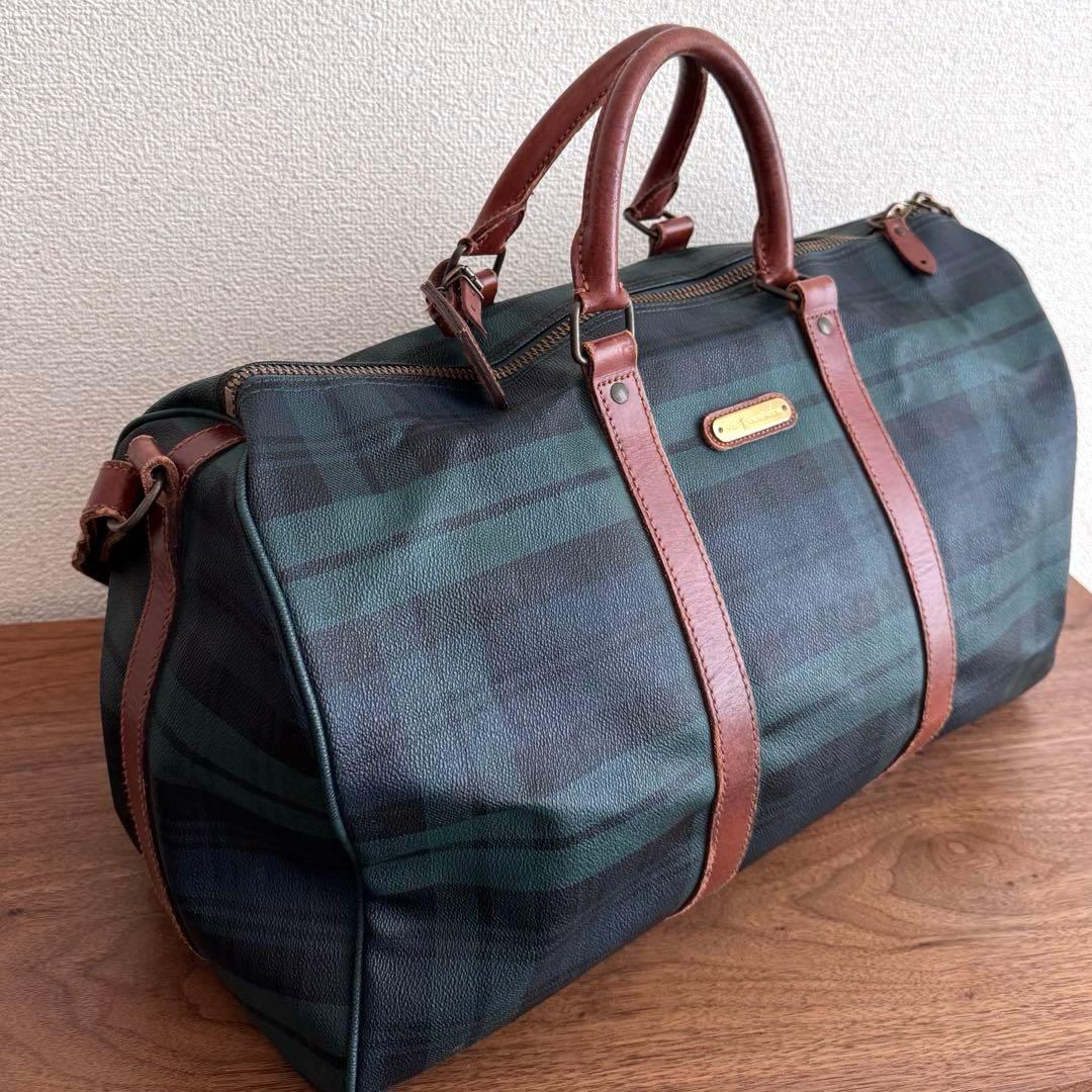 ポロラルフローレン グリーン チェック柄 ボストンバッグ PVC×レザー 旅行鞄