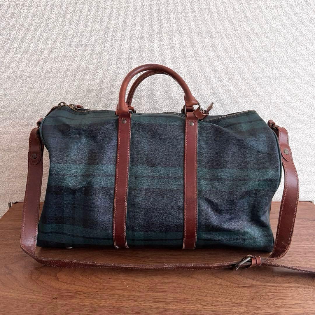 ポロラルフローレン グリーン チェック柄 ボストンバッグ PVC×レザー 旅行鞄