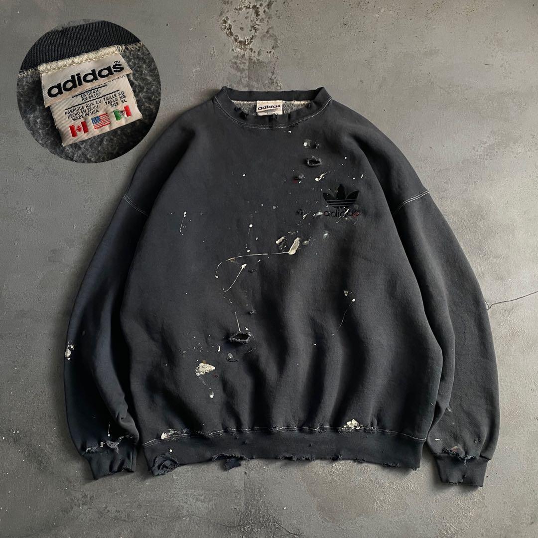 80s 万国旗“adidas”墨黒“XL“USA製“ペンキ”boro sweat
