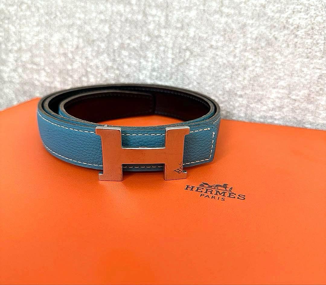 HERMES ブラック ブルー ブラック リバーシブルベルト H字型バックル