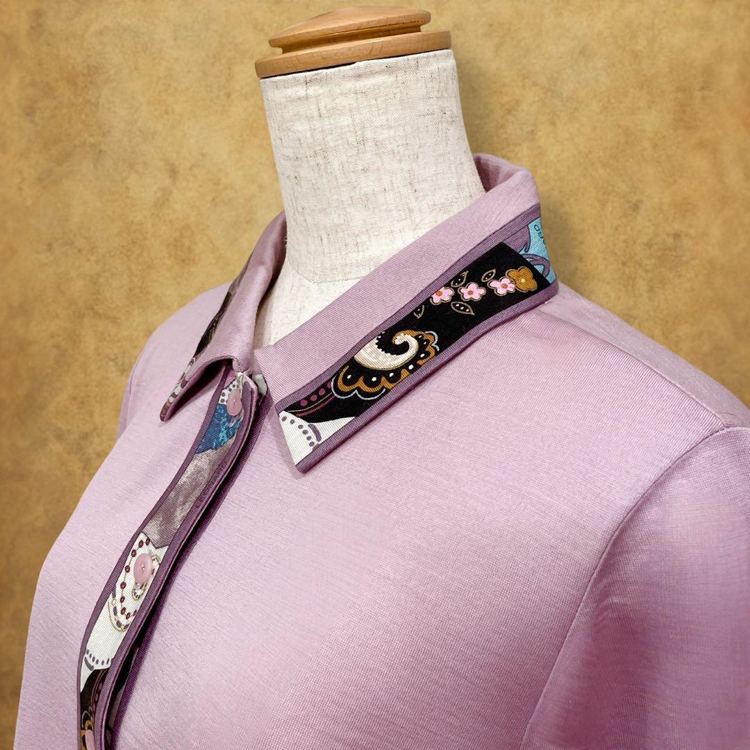 【時巡る】LEONARD 花柄 長袖ポロシャツ 紫系 LL 上品デザイン