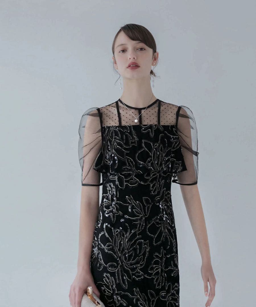 ドットチュールフラワースパンコールIラインワンピースドレス結婚式パーティー成人式