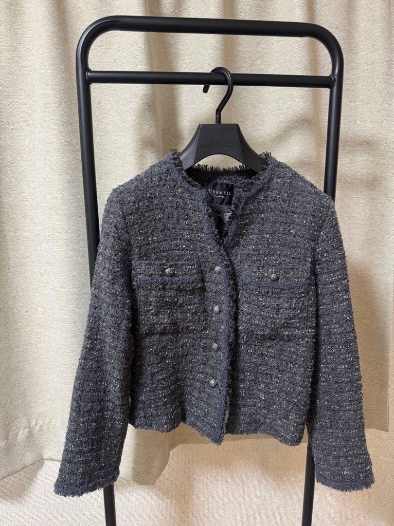 IENA ファンシーツィード ノーカラーフリンジジャケット