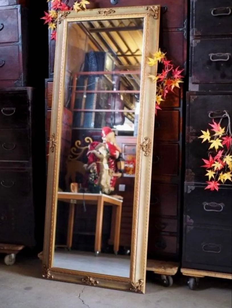 50’s-60’s 英国製ヴィンテージ 装飾的な金色のスタンドミラー UK 姿鏡