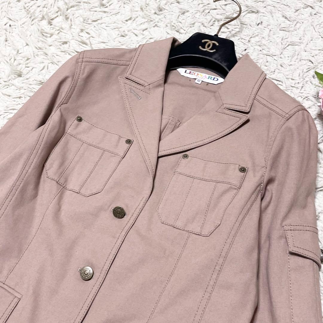 【美品】LEONARD ジャケット トリム 花柄 ピンクベージュ XL