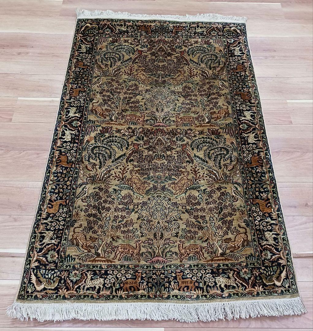 専用Y3137 インド カシミールシルク絨毯 手織り 151×94㎝