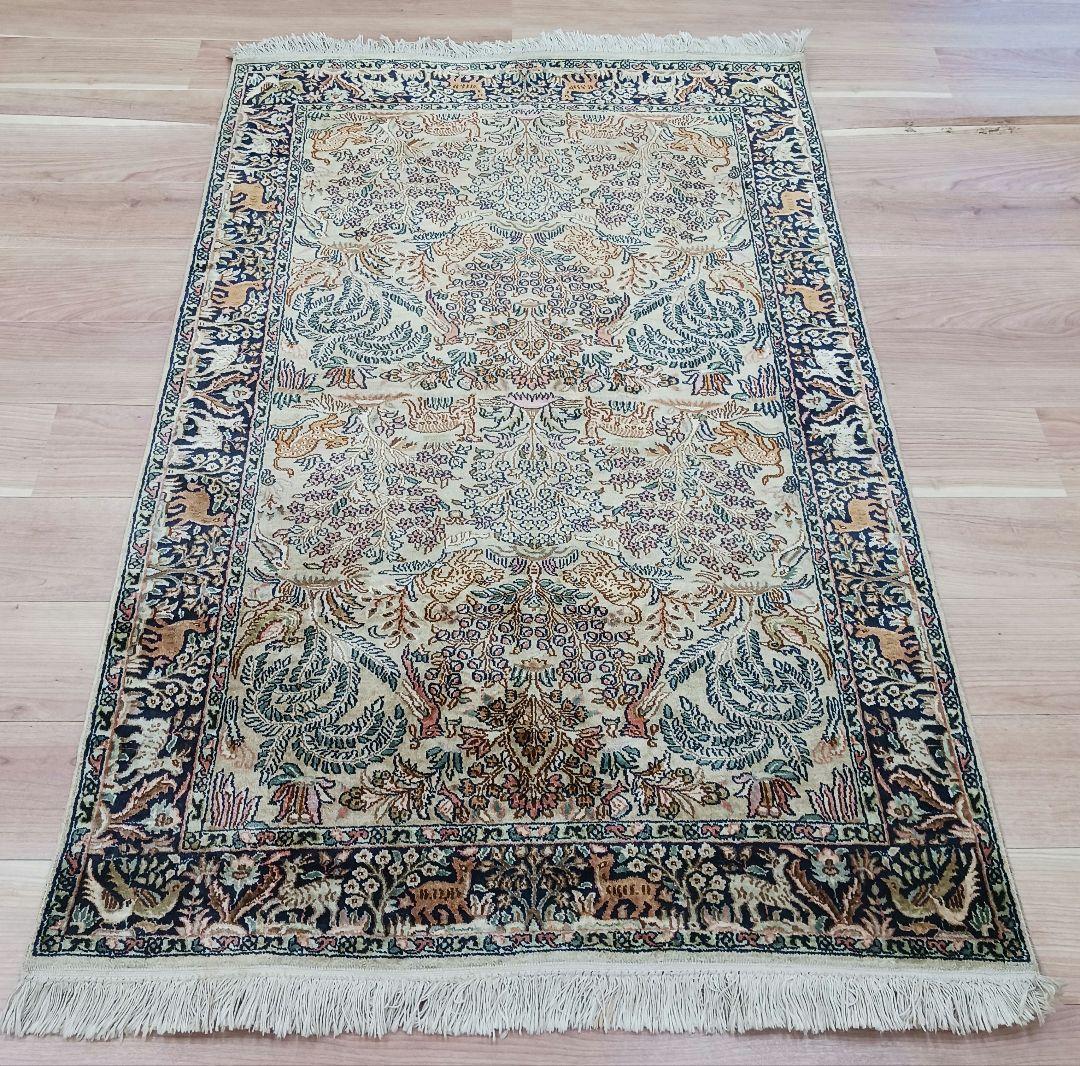 専用Y3137 インド カシミールシルク絨毯 手織り 151×94㎝