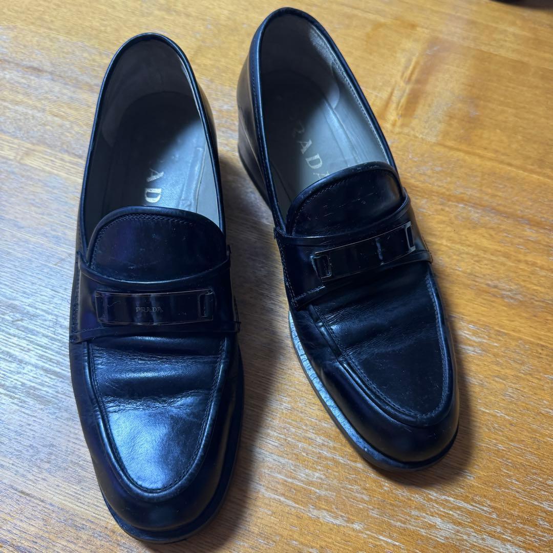 PRADA プラダ ロゴプレート レザー 厚底ローファー 24cm黒