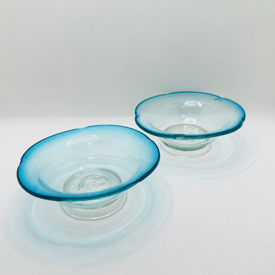 【希少】青縁 氷ガラス ボウル アイスグラス 食器 気泡 アンティーク　2客