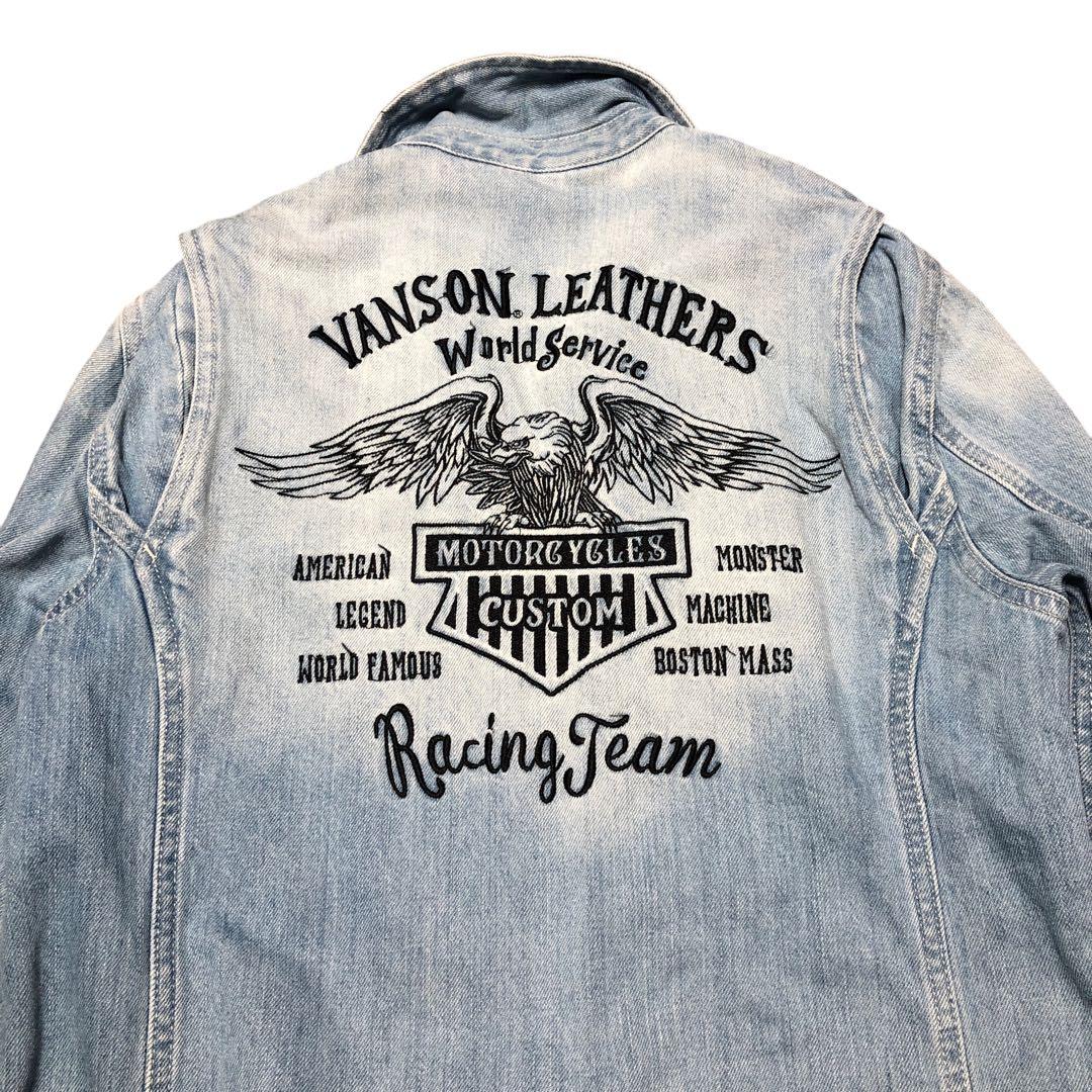 即納　vanson 刺繍入りライトブルー　デニムつなぎ　オールイン