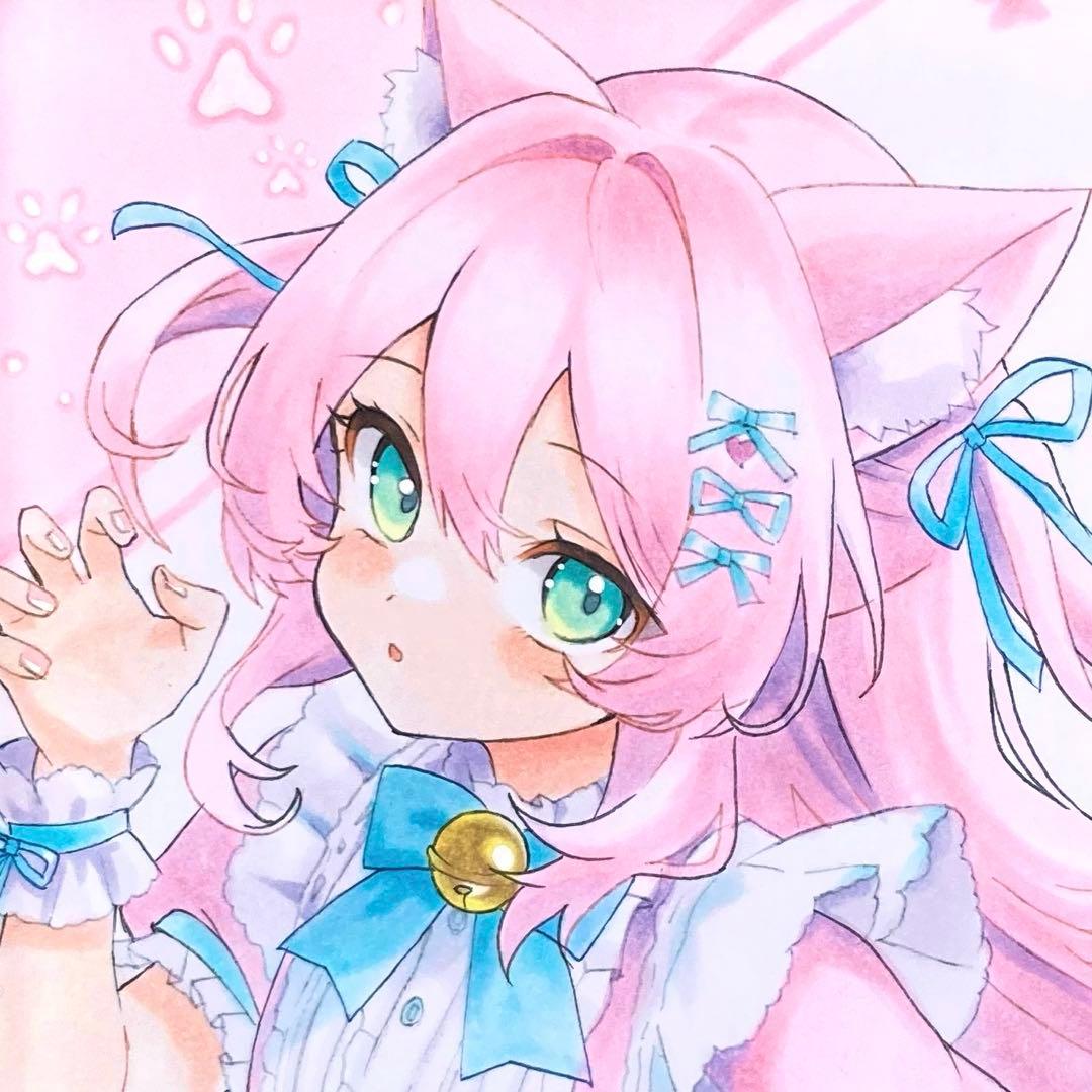 h*☆様 手描きイラスト.オリジナル.ピンク猫娘.アナログ.小色紙