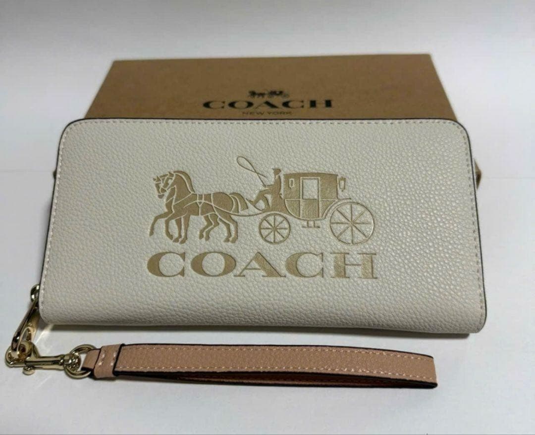 コーチ 長財布 レザー ホワイト ストラップ付
