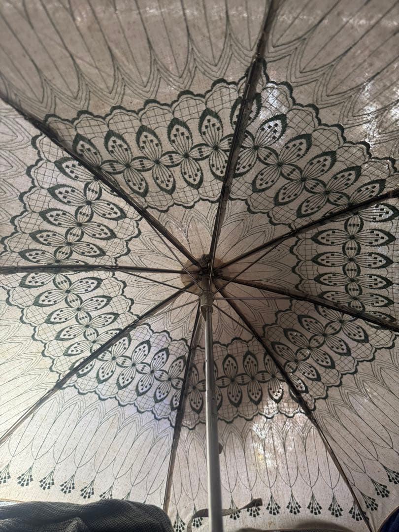 上品なビンテージ麻の折り畳み日傘　刺繍が涼しげ　カバー付　雅姫お好きな方にも
