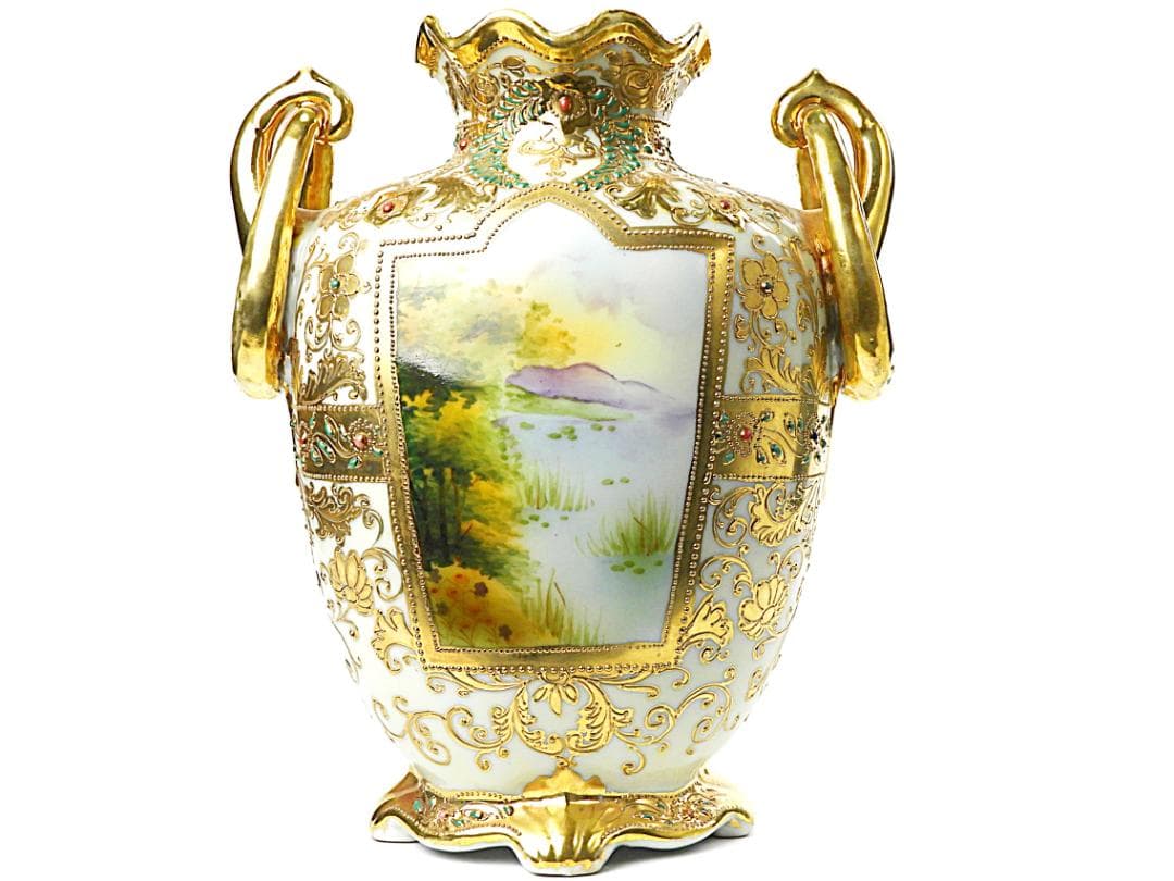 オールドノリタケ 金彩ジュエル風景画 プレッツェルハンドル 飾り壷 アンティーク