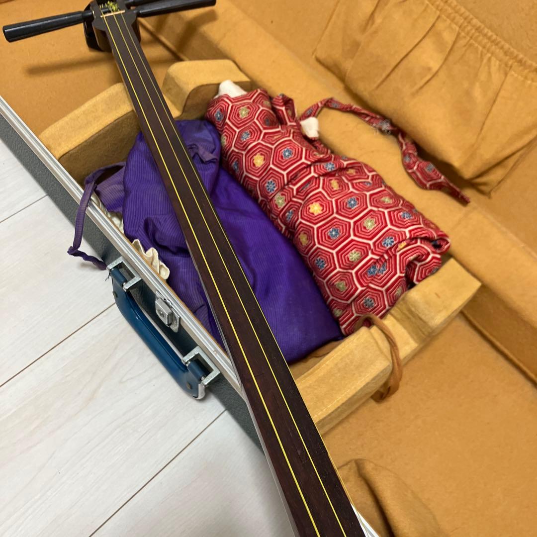 【太棹】三味線 溝 紅木　五厘太　綾杉胴　全長約95cm ハードケース付き