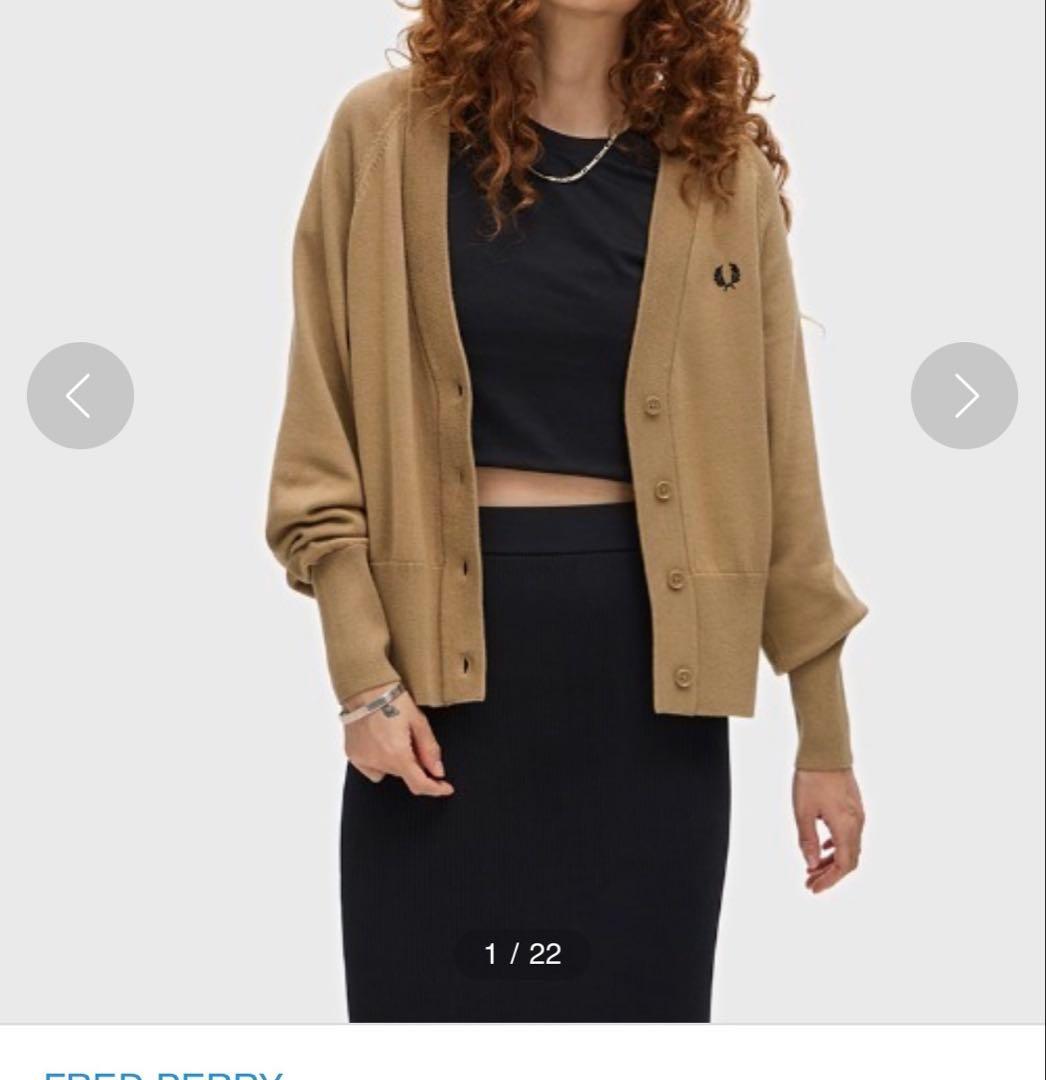 美品 FRED PERRY ベージュ Vネックカーディガン UK10