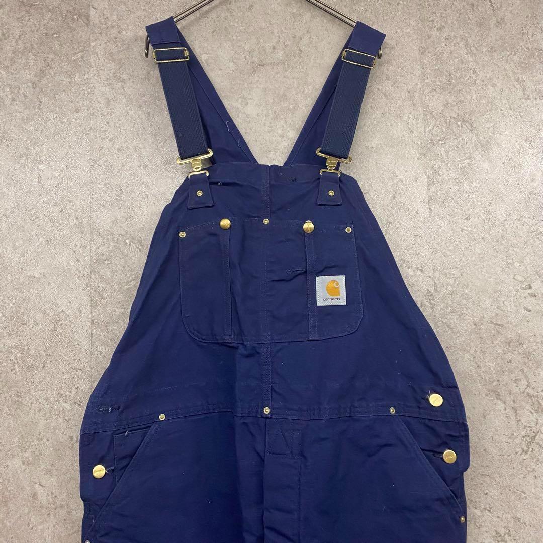 レアUSA製90s古着○カーハート オーバーオール ネイビー W42×L32