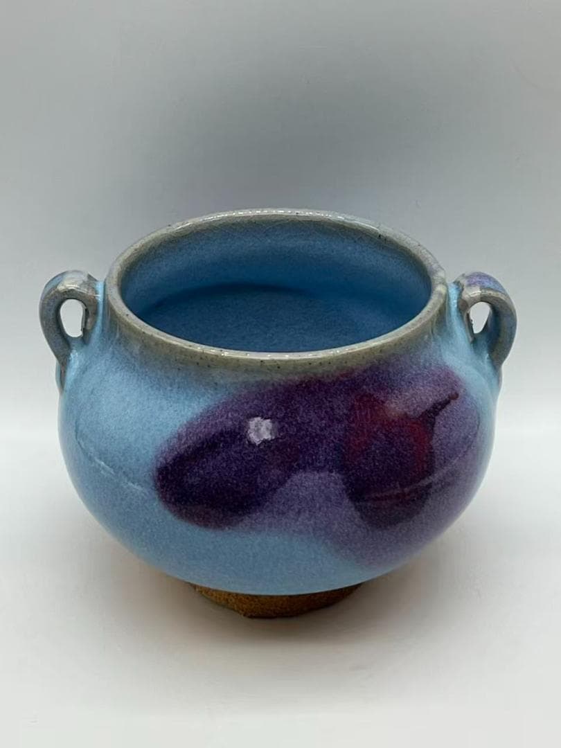 明时代 鈞窯　青磁 澱青月白釉紫斑 双糸耳香炉 水丞 香炉　茶道具(A-91)