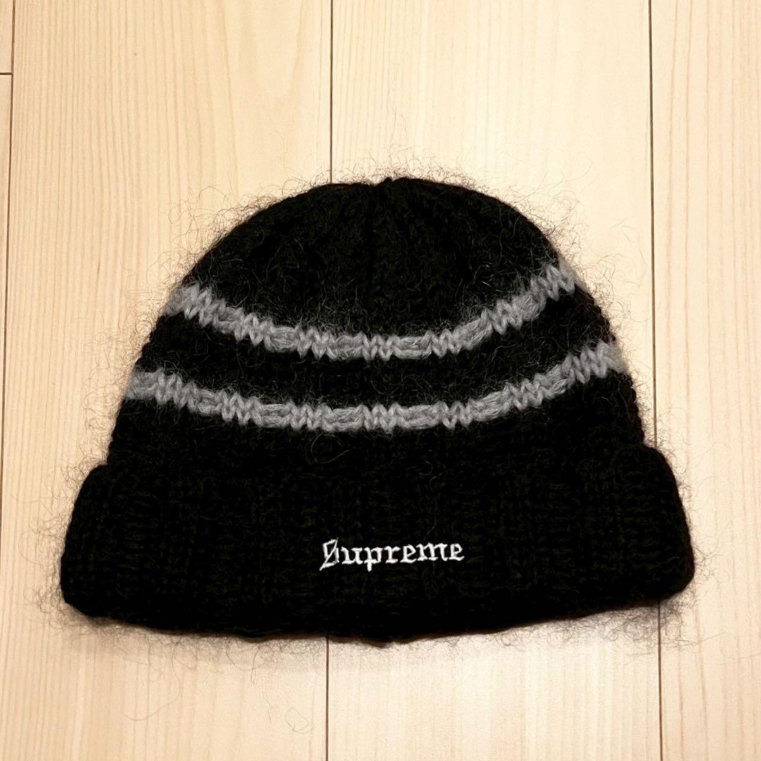 Supreme モヘア ストライプ ビーニー ニット帽 黒
