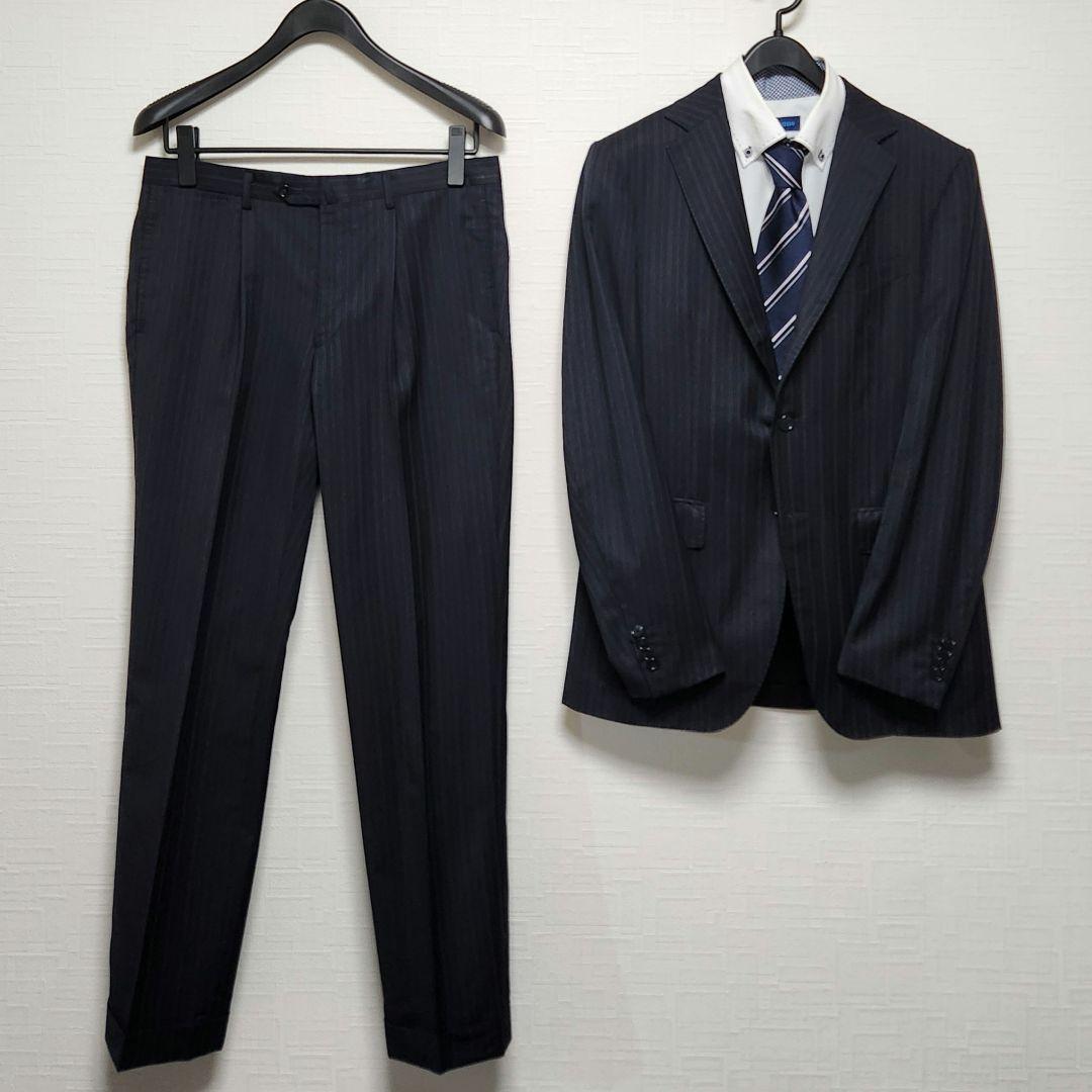 ゼニア　ミツミネ　メンズ　スーツ　濃紺　ストライプ　段返り3ボタン　A6