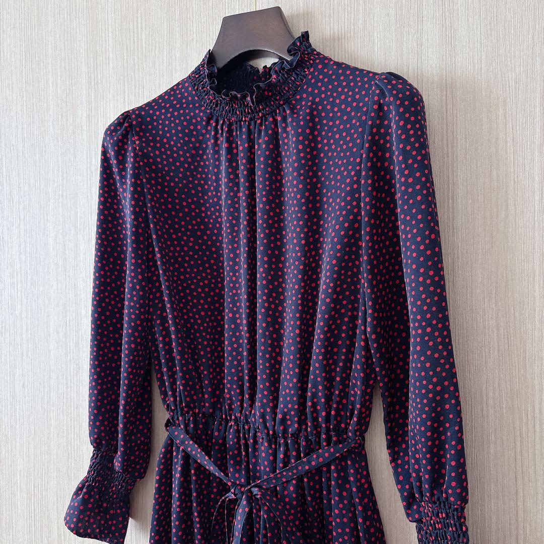 【846】アナイ　サテンドットプリントシャーリング　ワンピース　濃紺　赤　36