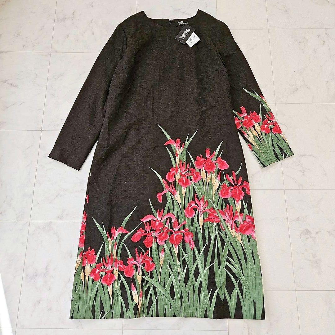 【新品タグ付】Pagong パゴン　尾形光琳 ビエラワンピース長袖　燕子花/黒紅