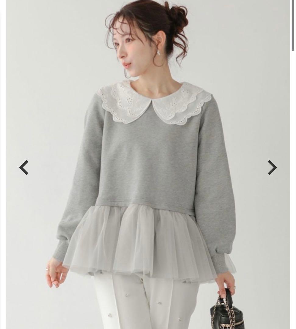 fitmore フィットモア　レース衿裾ドッキングスウェット　グレー