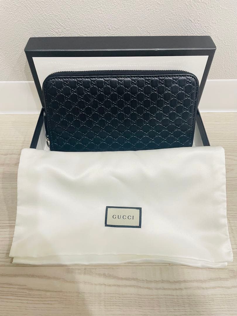 美品✨ グッチ 長財布 ラウンドファスナー マイクロシマ ブラック レザー