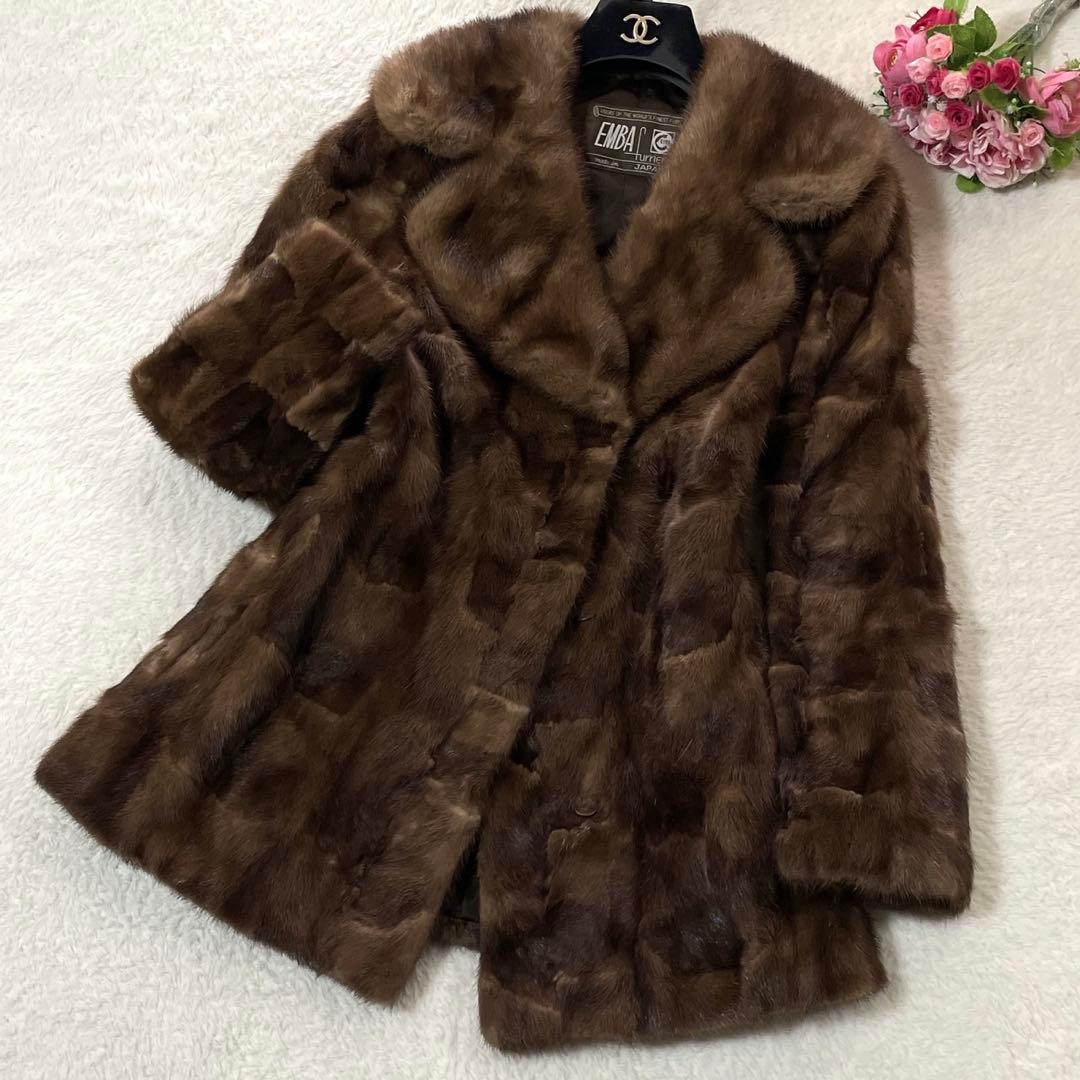 美品◎EMBA ミンク ファーコート 毛皮 リアルファー ブラウン系 L相当