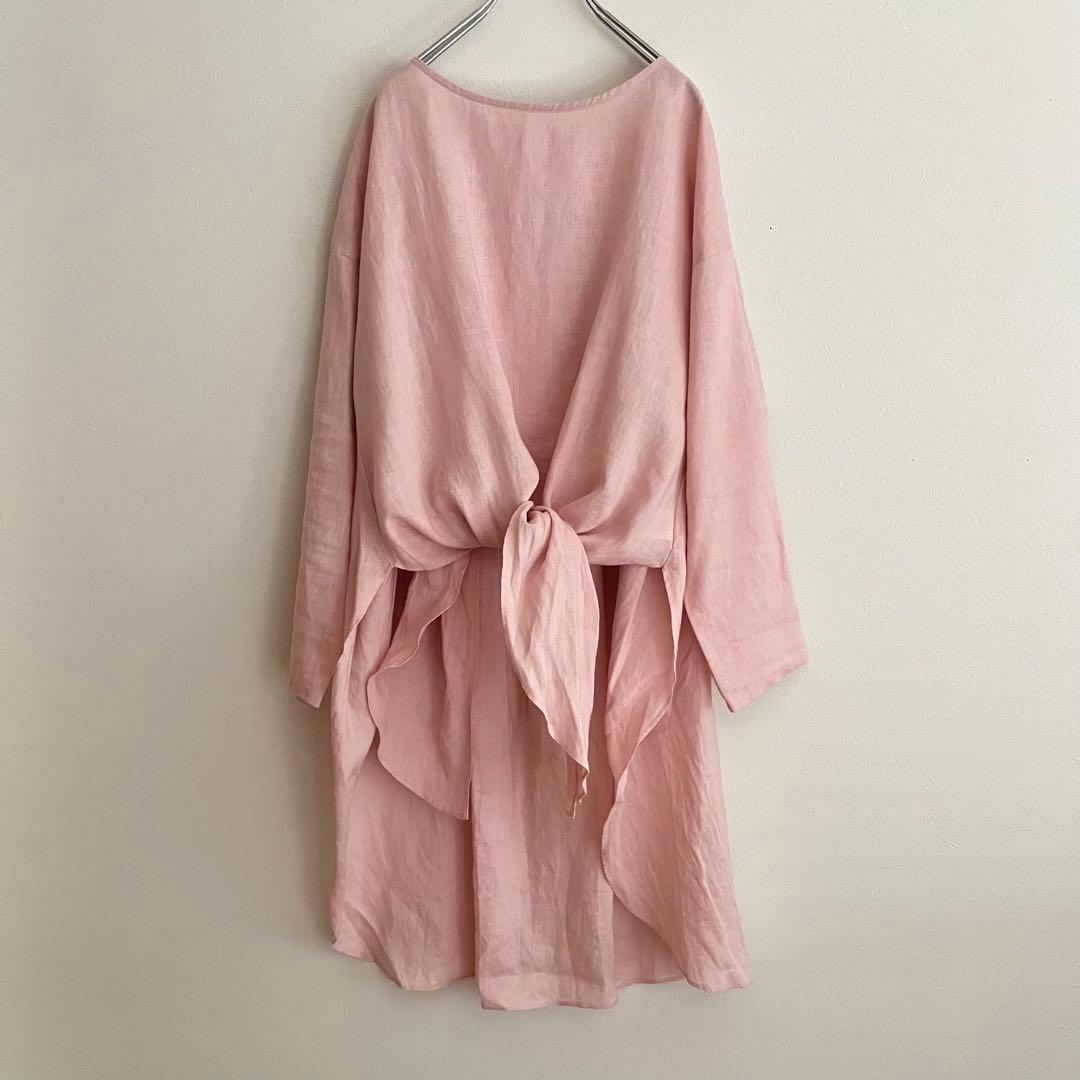 定価2.53万 ビアズリー 前結びリネンチュニックブラウス ピンク 春ブラウス