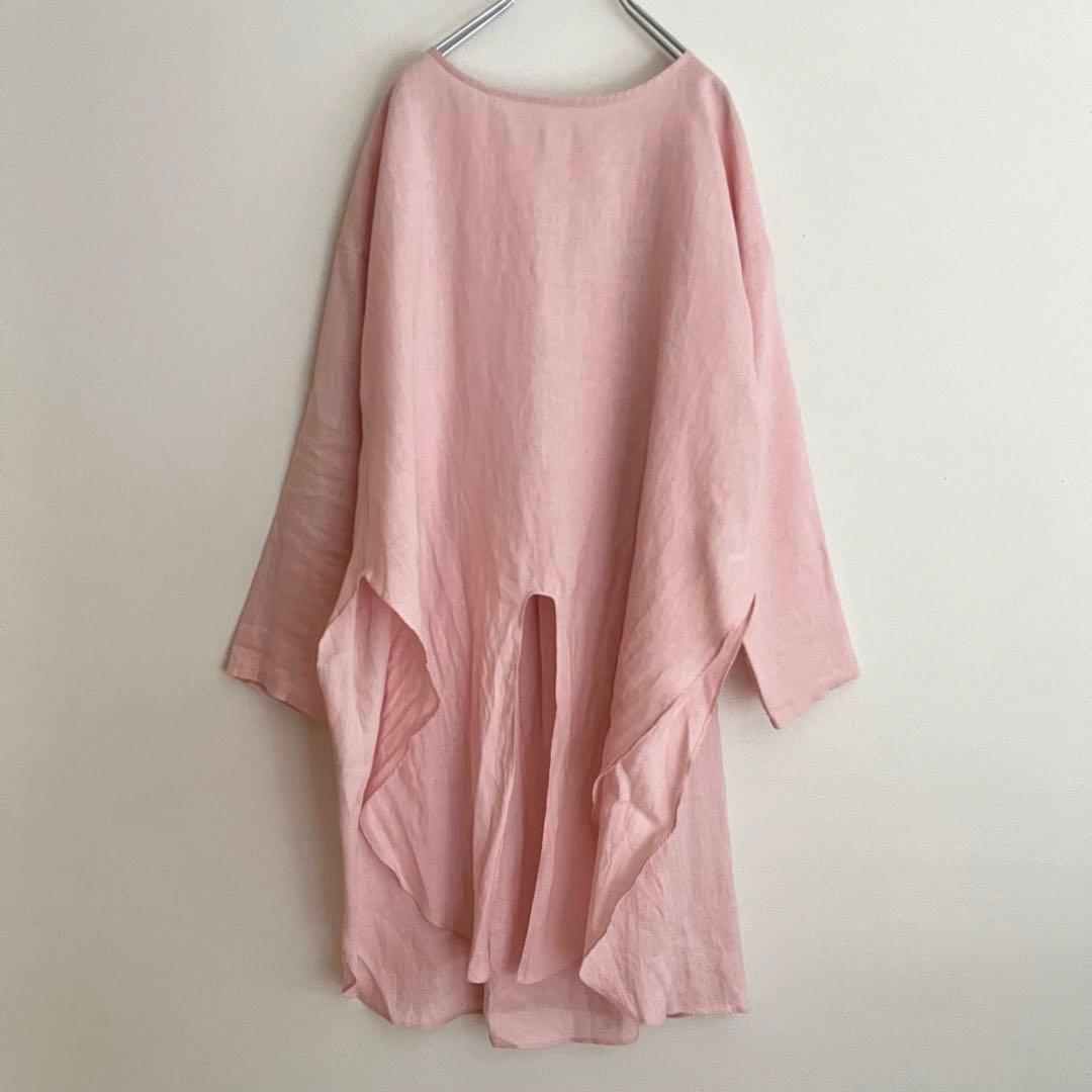 定価2.53万 ビアズリー 前結びリネンチュニックブラウス ピンク 春ブラウス