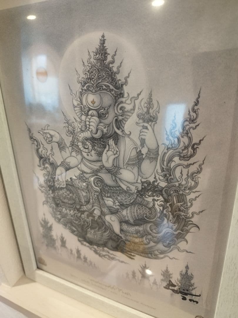 ロビン ガネーシャ 線画 アート 白フレーム