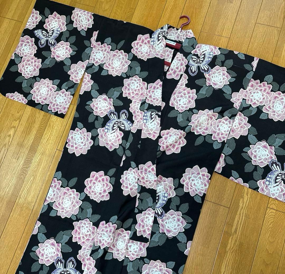 美品⭐︎浴衣　撫松庵　ぶしょうあん　黒地　花柄　蝶　ダリア　ピンク