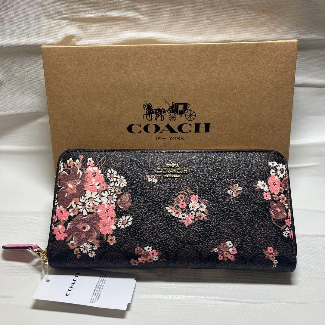 【新品未使用】COACH 長財布 ブラウンマルチシグネチャー フローラルプリント