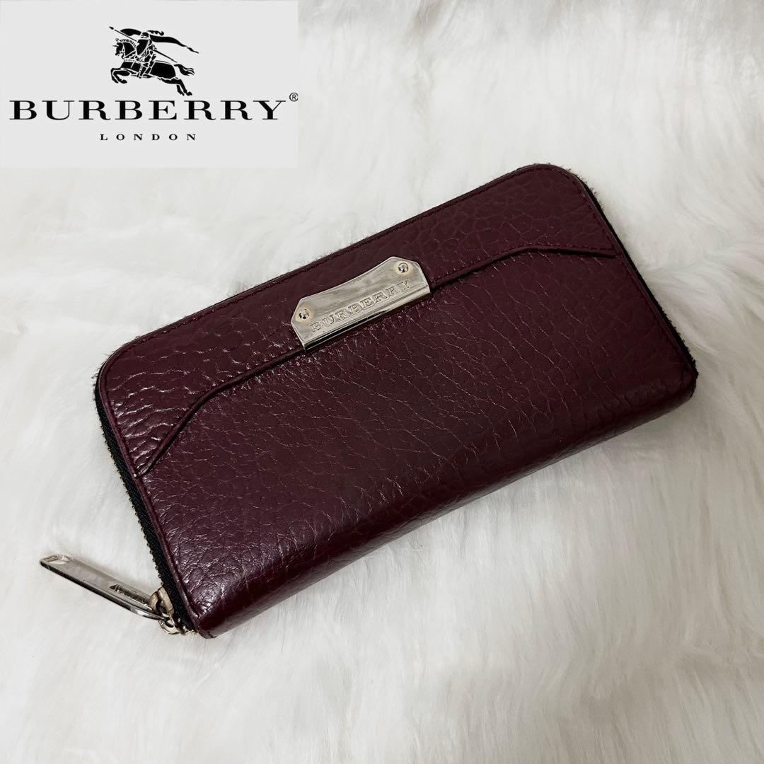【美品】BURBERRY レザー 長財布 ノバチェック プレート ロゴ ボルドー