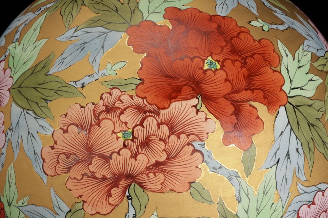 時代物 肥前 有田焼 金濃色絵牡丹文 花瓶 飾壺 骨董 古美術 在銘 高さ42㎝